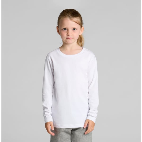 A long-sleeve white T-shirt for kids with a simple design and a logo on the front.