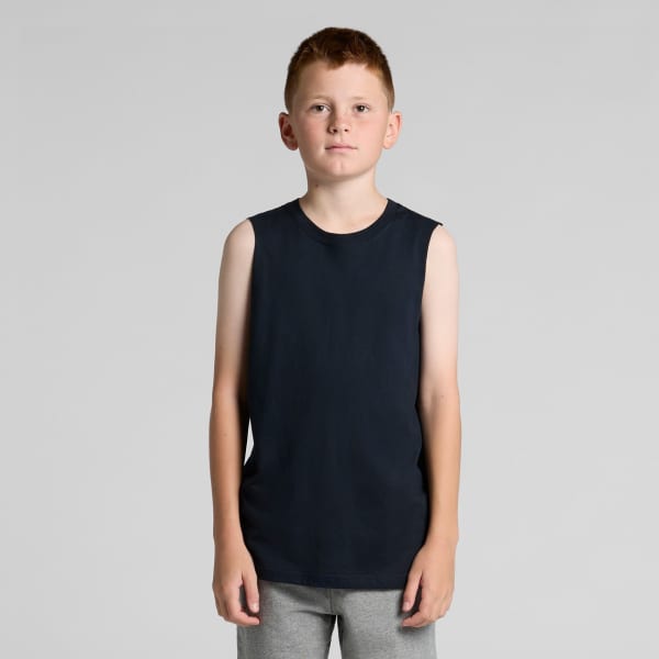 A youth sleeveless tank in navy blue, featuring a minimalistic design and a brand logo.