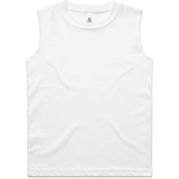 A white sleeveless tank top, featuring a simple design and branding on the label.