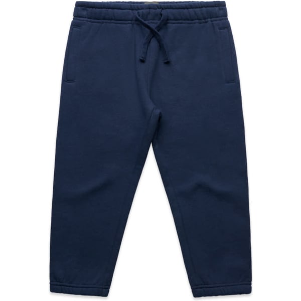 Navy blue kids' track pants with a drawstring waist, featuring two side pockets and a relaxed fit.