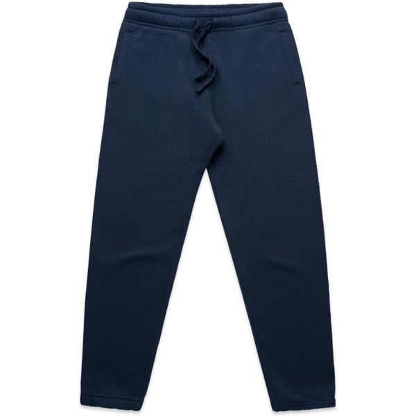 Navy track pants with a drawstring waist and a logo on the front.