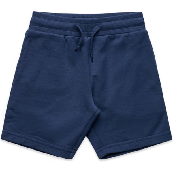 Navy blue sports shorts with an elastic waistband and drawstring, featuring a logo on the front.