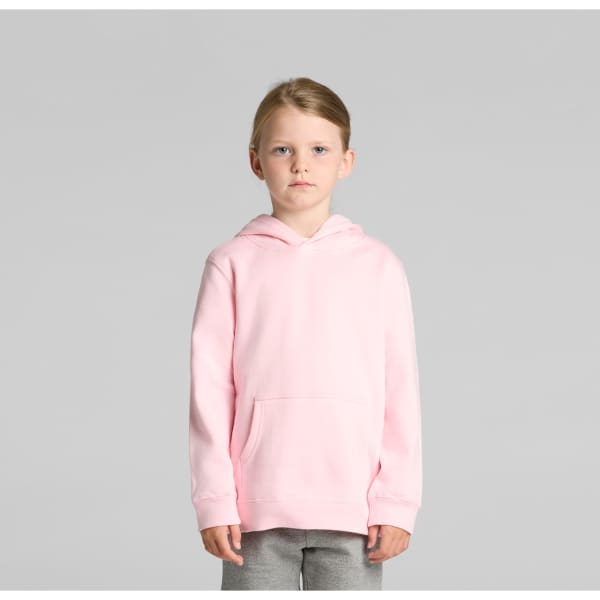 A pink hoodie featuring a front pocket and a hood, designed for children. The garment has a logo on it.