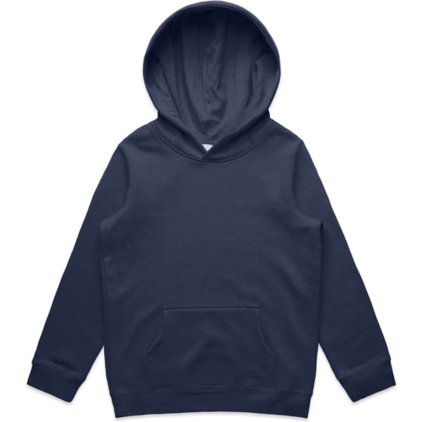 A navy blue hooded sweatshirt with a kangaroo pocket and a plain design. It features a logo on the front.