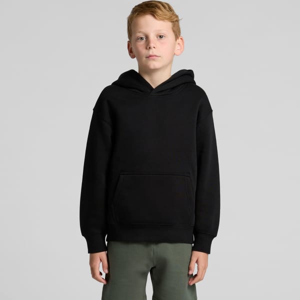 A black hoodie with a front pocket and a hood, featuring a logo on the front.