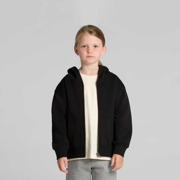 A black zip-up hoodie for kids with a relaxed fit, featuring a large hood and a front zip closure.