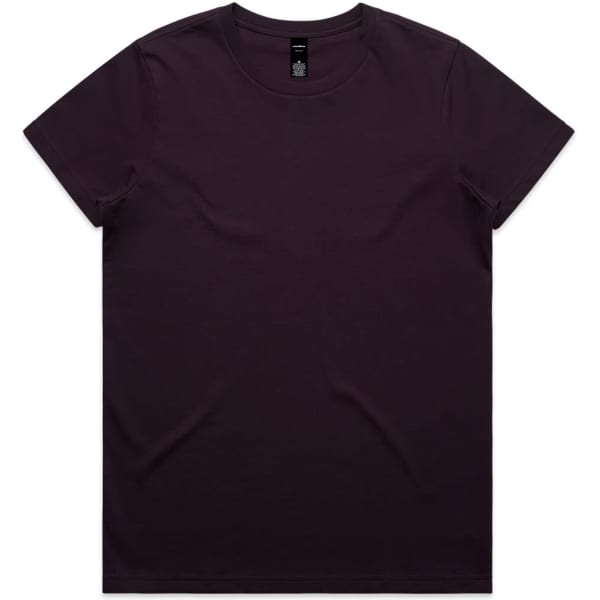 A dark purple t-shirt with a classic crew neck and a logo at the neckline.