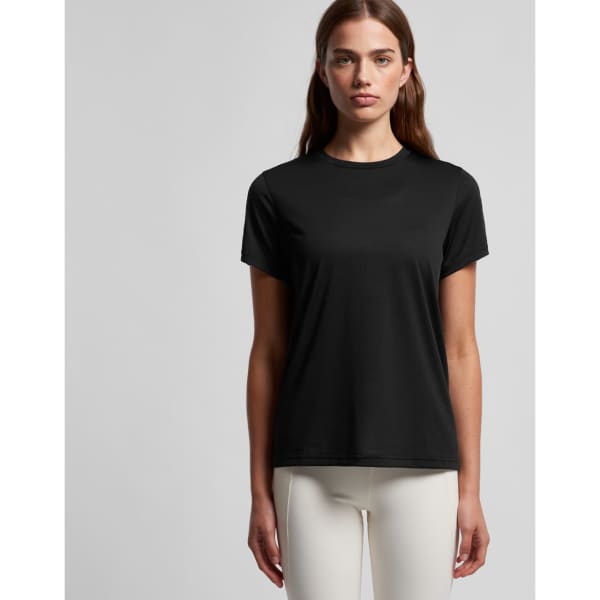 A black active tee shirt with a simple design, featuring a logo, displayed on a model against a neutral background.