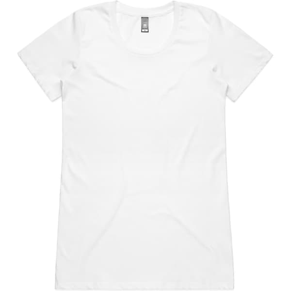 A plain white women's work t-shirt with a round neckline, featuring a branding logo.