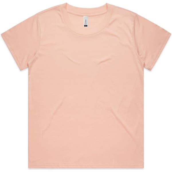 A pink T-shirt with a crew neckline and short sleeves, featuring a label and no visible graphics.