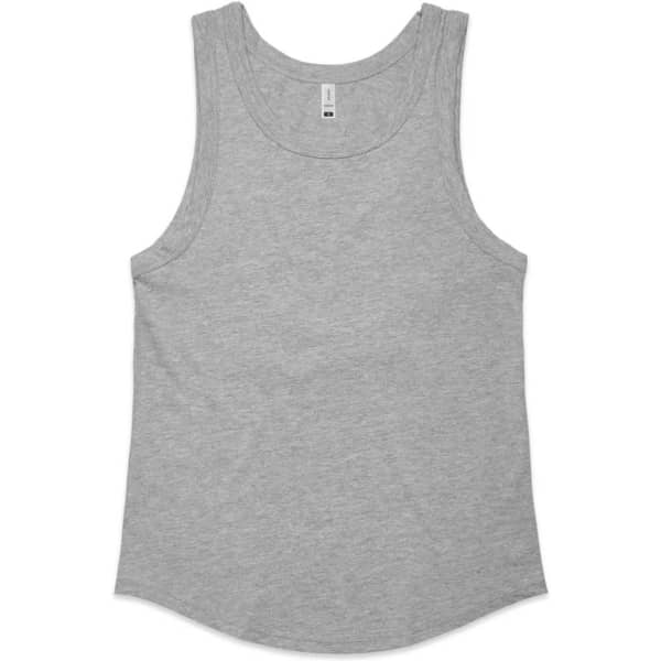 A grey singlet with a rounded hem and a logo. It features wide armholes and a relaxed fit.