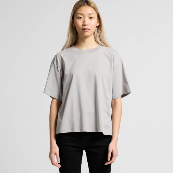 A grey, relaxed-fit t-shirt with short sleeves, featuring a branding logo. Suitable for casual wear.