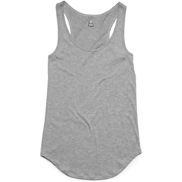 A grey racerback singlet with a relaxed fit and rounded hem. It features a branding logo at the neck.
