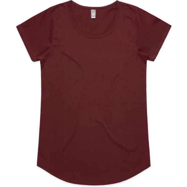 A maroon women's t-shirt with a scoop neckline and short sleeves, featuring a logo on the label.