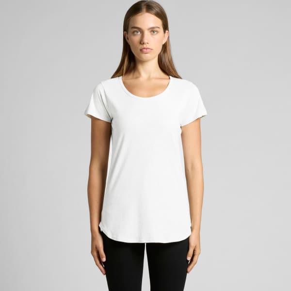 A white T-shirt with short sleeves and a rounded neckline, featuring a logo on the front.