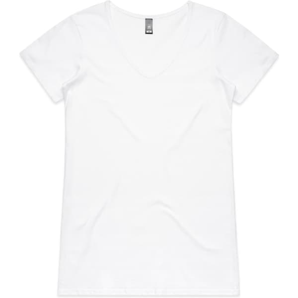 A white V-neck t-shirt with short sleeves and a tag at the neckline. It features a logo on the back.