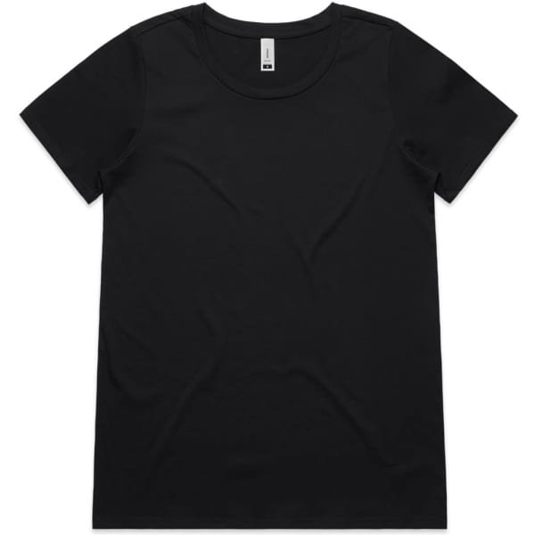 A black t-shirt with a crew neckline and short sleeves, featuring a small logo.