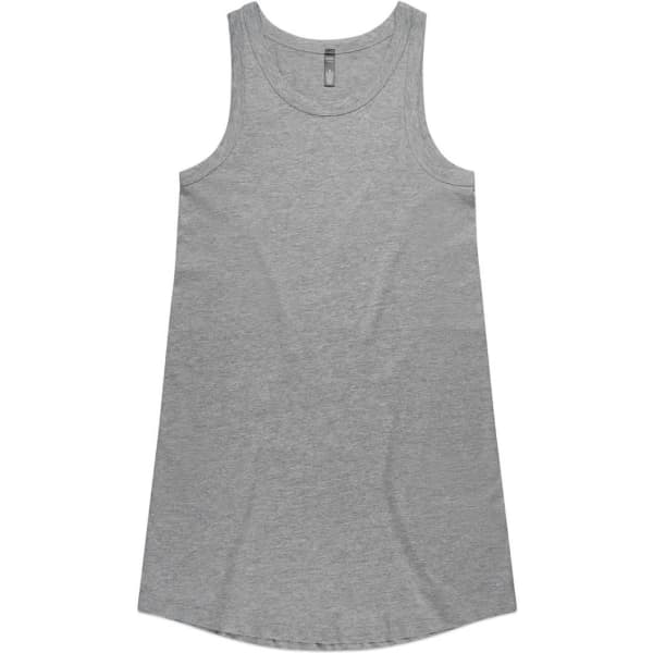 A grey sleeveless dress with a simple design and round neckline, featuring a label inside.