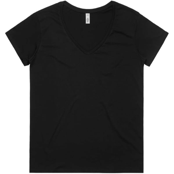 A black V-neck T-shirt featuring short sleeves and a minimalist design. It has a logo on the label.