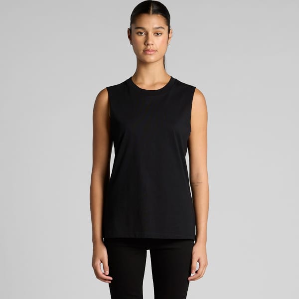 A black sleeveless tank top with a simple design and a logo. Suitable for casual wear.