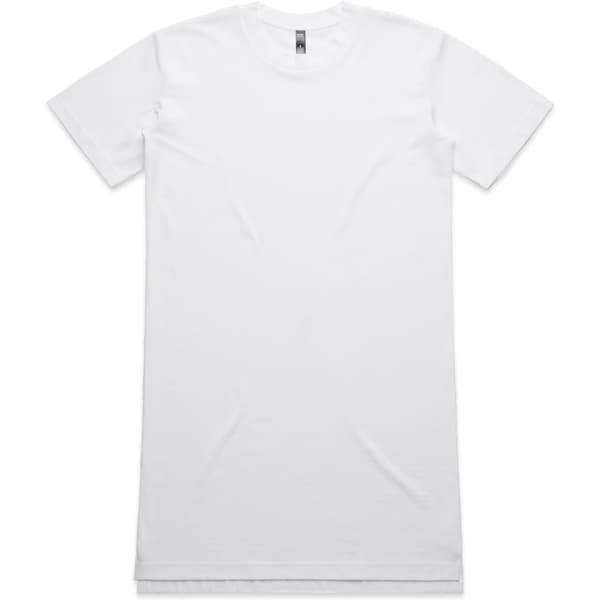 An oversized white T-shirt displayed flat, featuring a round neckline and short sleeves. It has a logo at the neck.
