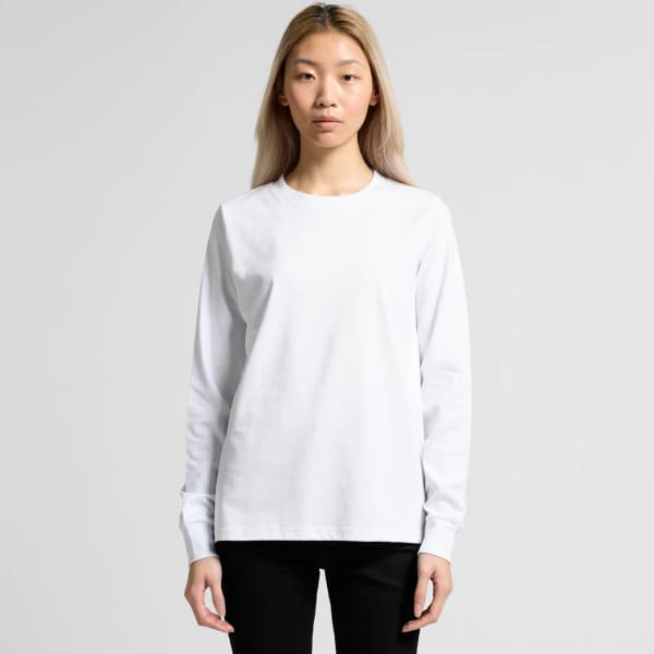 A long-sleeved white t-shirt with a casual fit, featuring a branding logo.