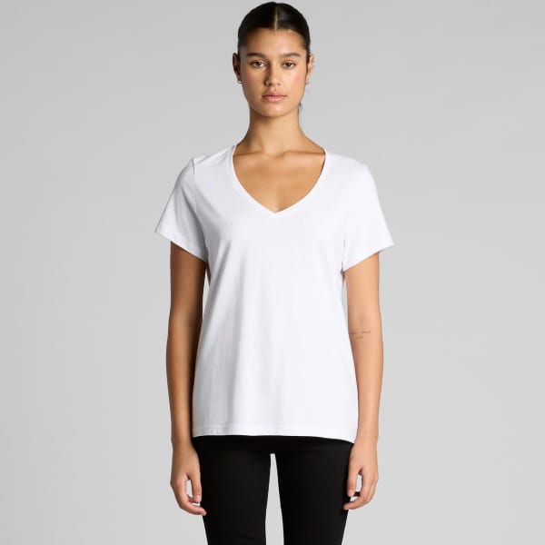 A white v-neck t-shirt with short sleeves and a loose fit, featuring a logo on the front.