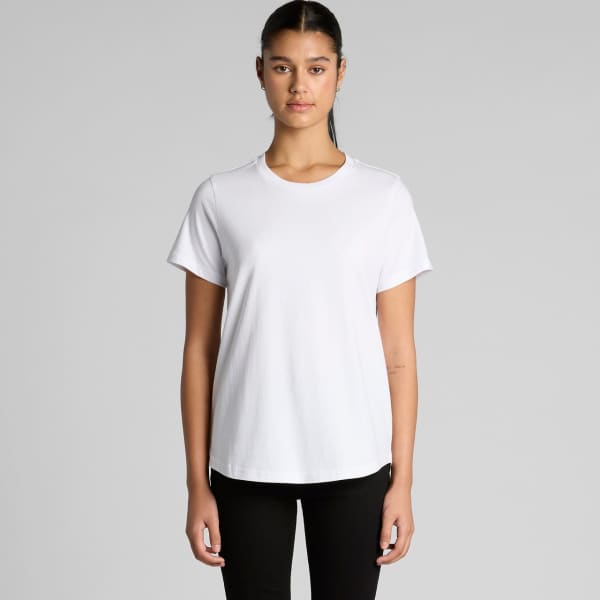 A white short-sleeved T-shirt with a round neckline, featuring a logo on the front.