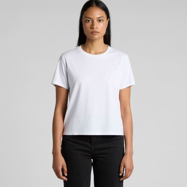 A white T-shirt with a classic fit, featuring short sleeves and a round neckline. It includes a logo.