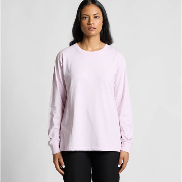 A long-sleeve T-shirt in light pink, with a simple design and featuring a logo.