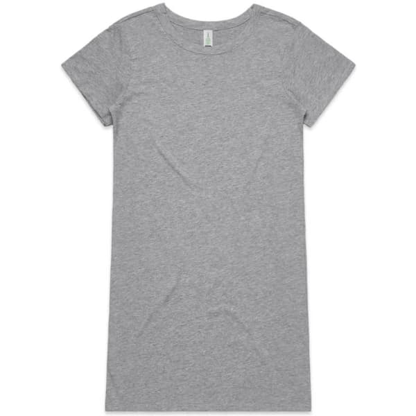 A grey short-sleeved dress with a simple, minimalist design and a branding logo on the label.