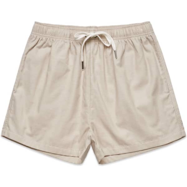 Beige dress shorts with an elastic waistband and drawstring, featuring a simple design and no visible branding.