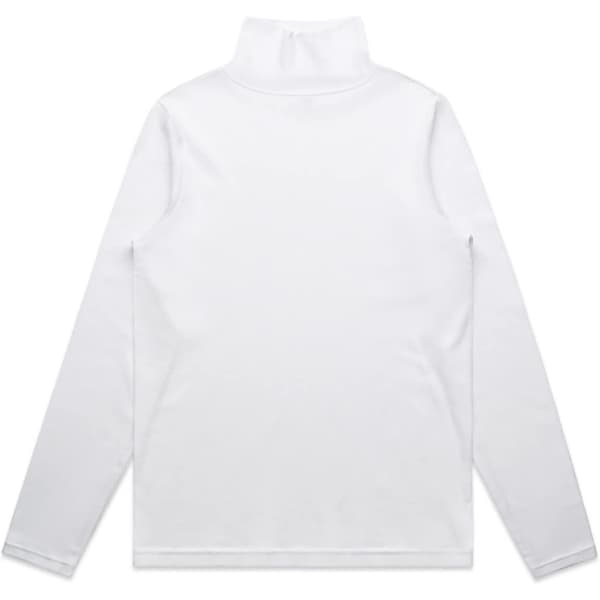 A white turtle neck jumper featuring long sleeves and a high collar. It has a simple design and includes a logo.