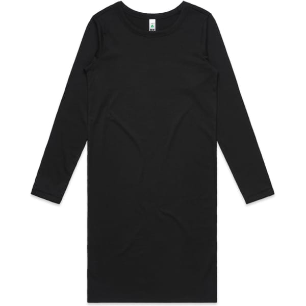 A black long-sleeve dress with a simple, sleek design and a tag featuring a logo.