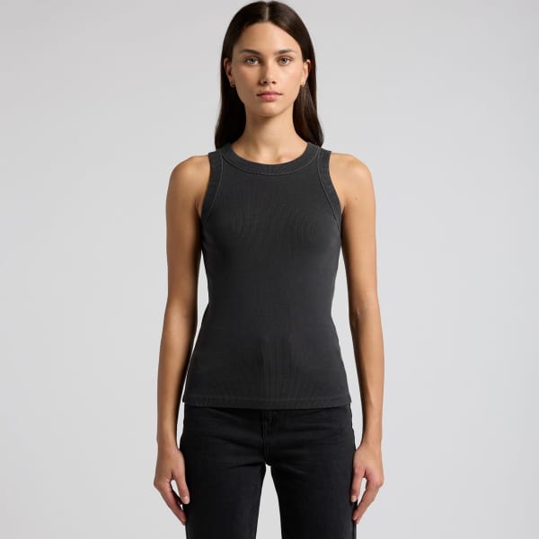 A fitted rib tank in faded black, featuring a rounded neckline and a subtle logo, worn with black jeans.
