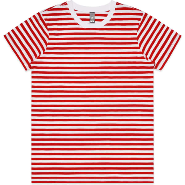 A red and white striped t-shirt featuring short sleeves and a round neckline, with a logo on the label.