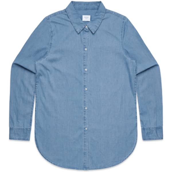 A blue denim button-up shirt with a collar and long sleeves, featuring a logo on the label.