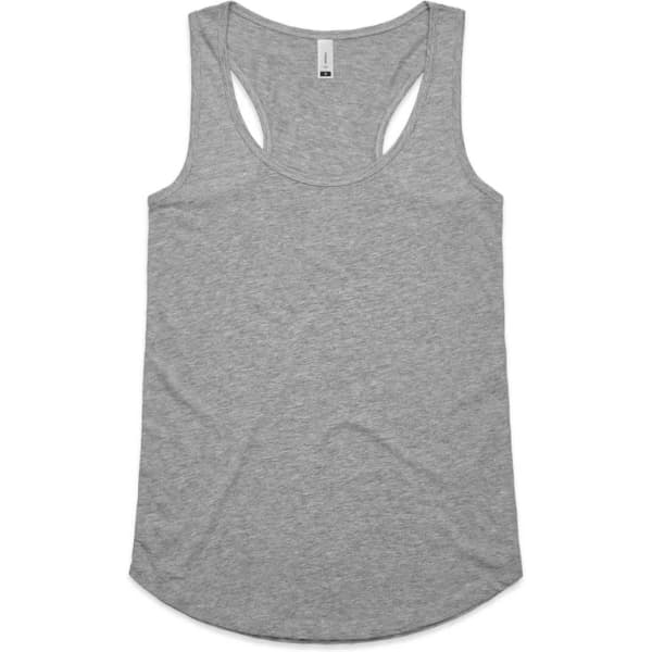 A grey racerback singlet with a rounded hem and a logo on the label.