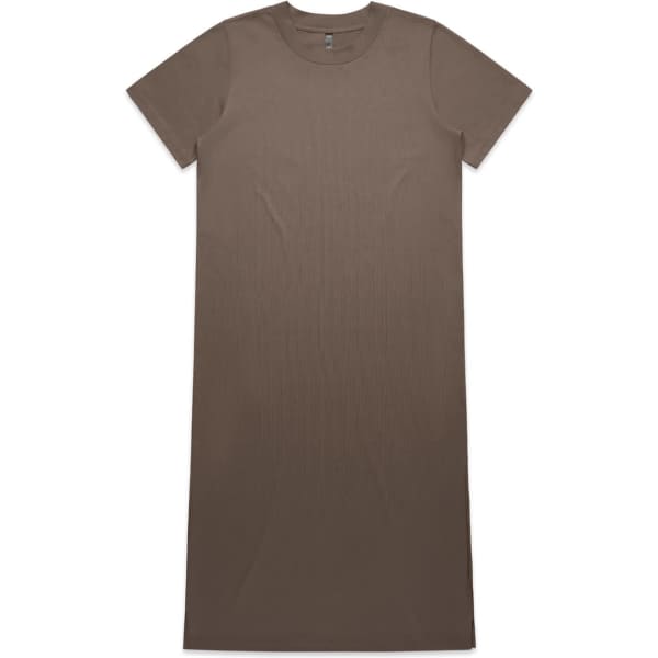 A brown, short-sleeved dress featuring a simple, straight-cut design and a brand logo.