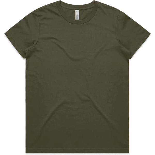 An olive green t-shirt with a crew neck, featuring a small logo on the label.