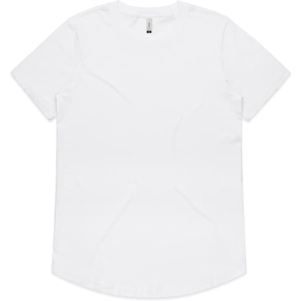 A white T-shirt with a curved hem and a label tag, featuring a logo.