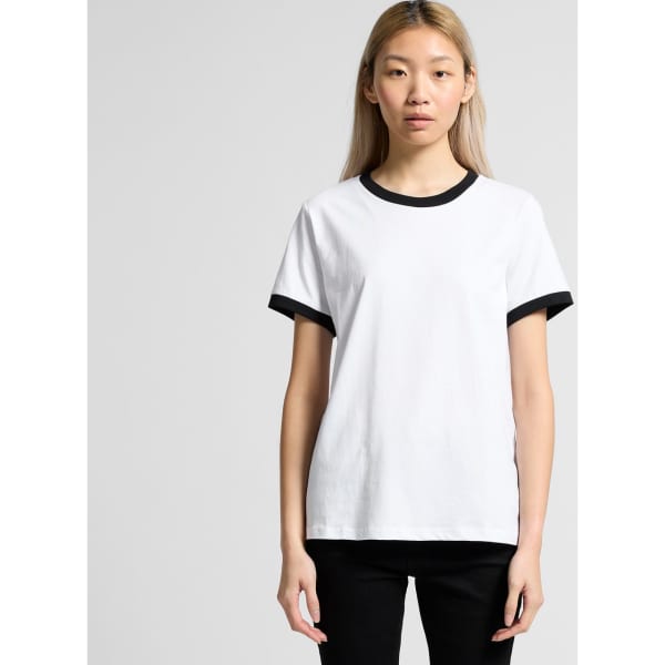 A white t-shirt with black ribbed collar and sleeves, featuring a logo on the chest.