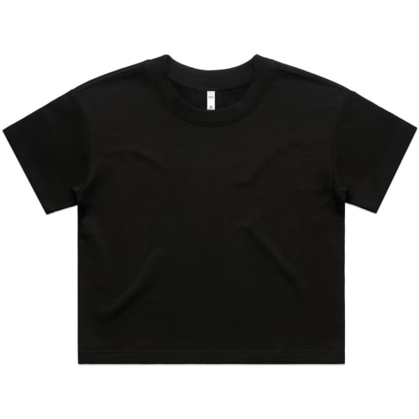A black cropped T-shirt with a relaxed fit and a simple design. It has a subtle logo.