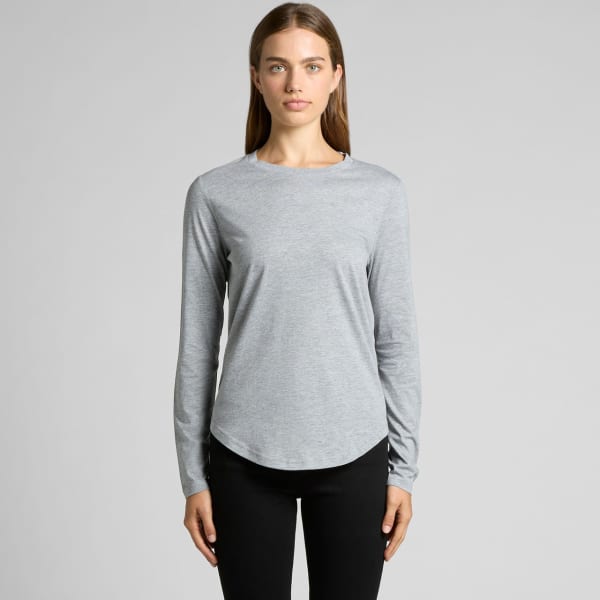 A long-sleeve tee in light grey with a curved hem, featuring a logo on the front.