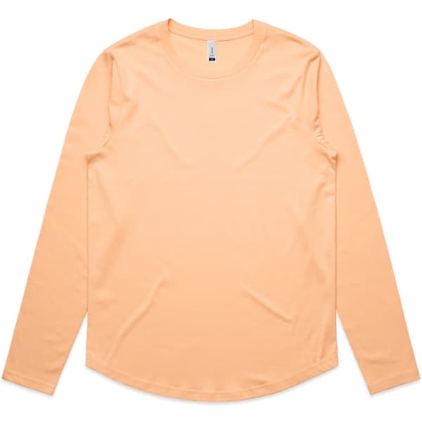 A long-sleeve T-shirt in a soft peach colour with a rounded hem and logo.