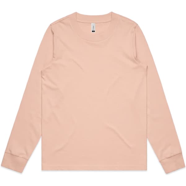 A light pink long-sleeve T-shirt with a simple design and logo.
