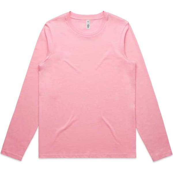 A pink long-sleeve T-shirt with a round neckline, featuring a logo on the label.