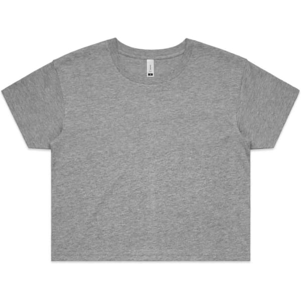 A grey crop t-shirt with a rounded neckline and short sleeves. The shirt has a logo on the label.