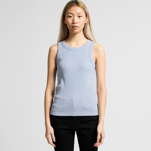 A light blue organic rib tank top with a fitted design and no sleeves, featuring a logo.
