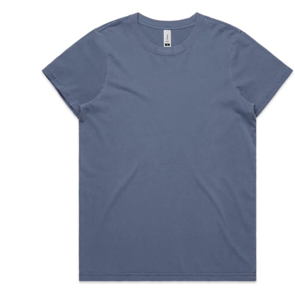 A blue faded t-shirt with a round neckline and short sleeves, featuring a logo on the label.